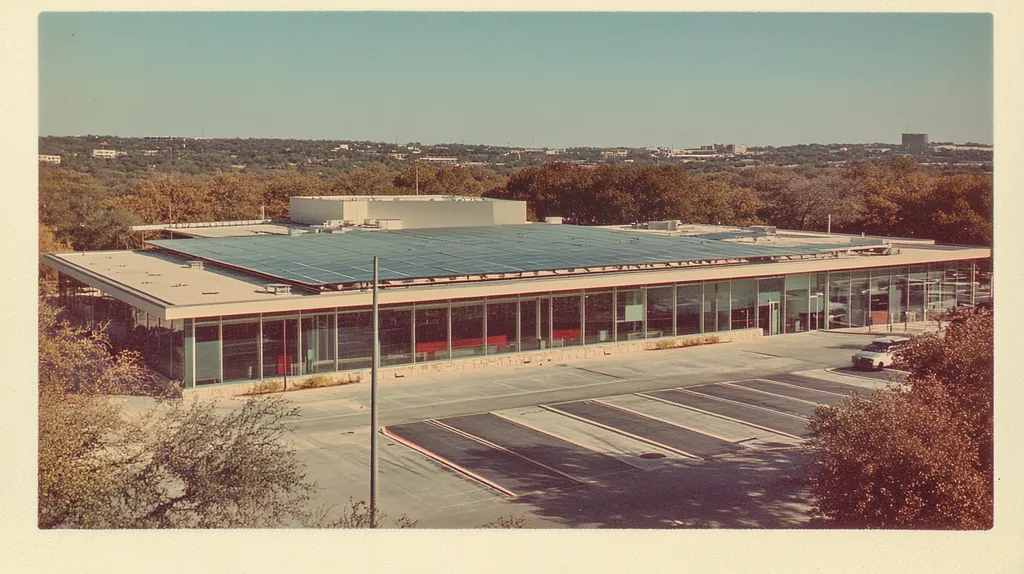 A commercial roof on a public library in a location similar to Austin with a Polaroid aesthetic (AI image)