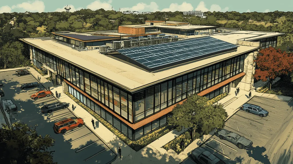 A commercial roof on a public library in a location similar to Austin with a comic book style aesthetic (AI image)