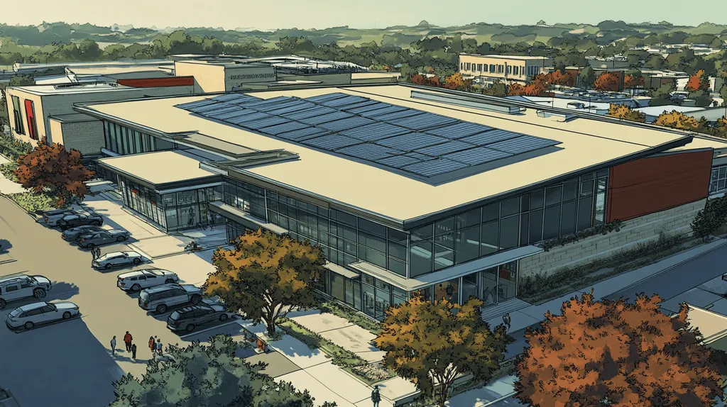A commercial roof on a public library in a location similar to Austin with a comic book style aesthetic (AI image)