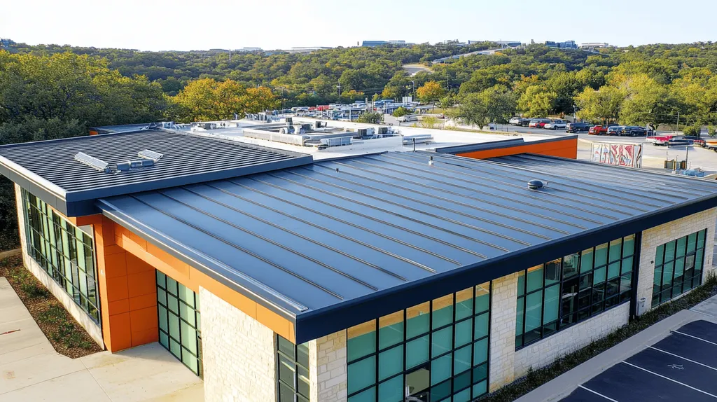 A commercial roof on a public library in a location similar to Austin with a comic book style aesthetic (AI image)