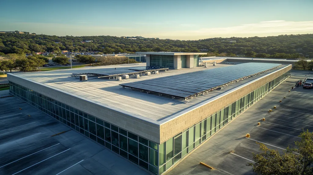 A commercial roof on a public library in a location similar to Austin with a cross-processed look aesthetic (AI image)