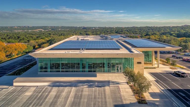 A commercial roof on a public library in a location similar to Austin with a cross-processed look aesthetic (AI image)