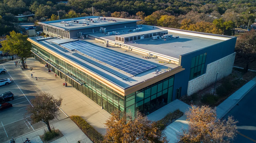 A commercial roof on a public library in a location similar to Austin with a cross-processed look aesthetic (AI image)