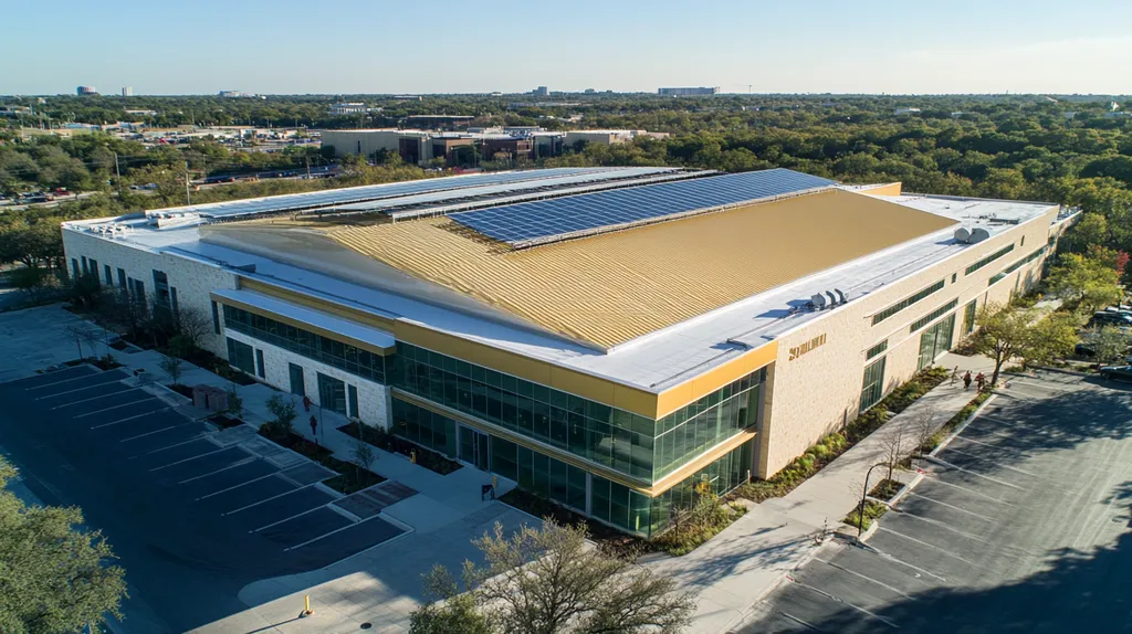 A commercial roof on a public library in a location similar to Austin with a solid gold aesthetic (AI image)