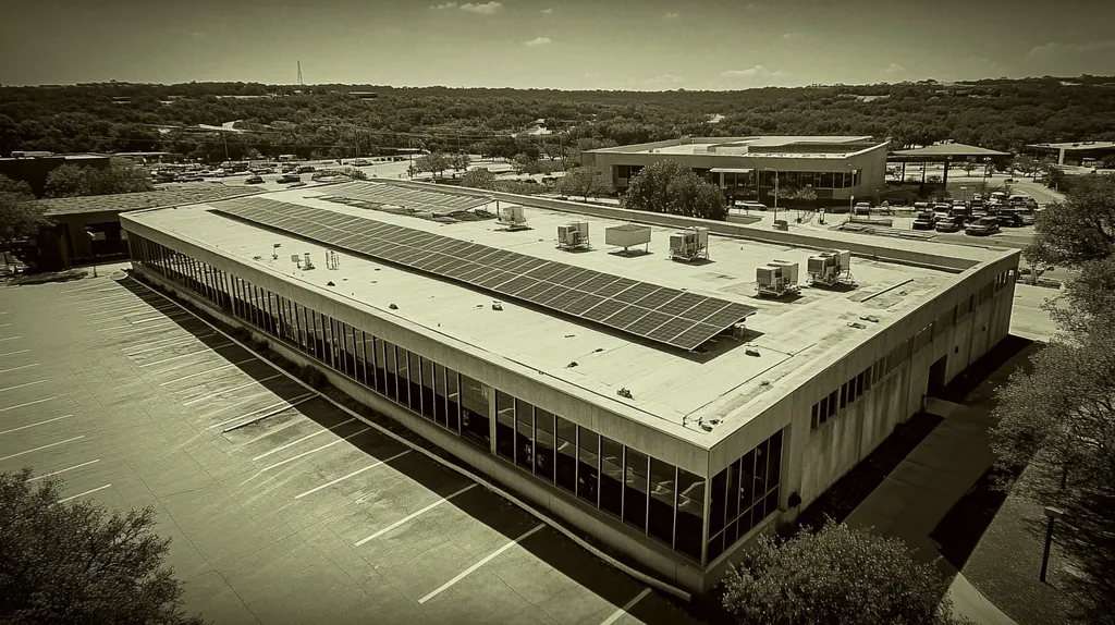 A commercial roof on a public library in a location similar to Austin with a tintype aesthetic (AI image)