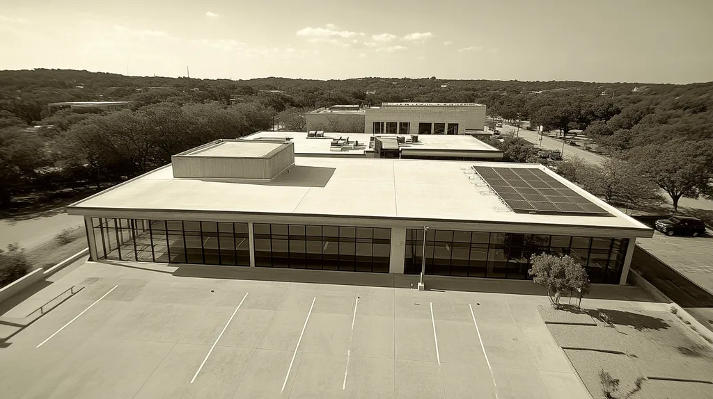 A commercial roof on a public library in a location similar to Austin with a tintype aesthetic (AI image)
