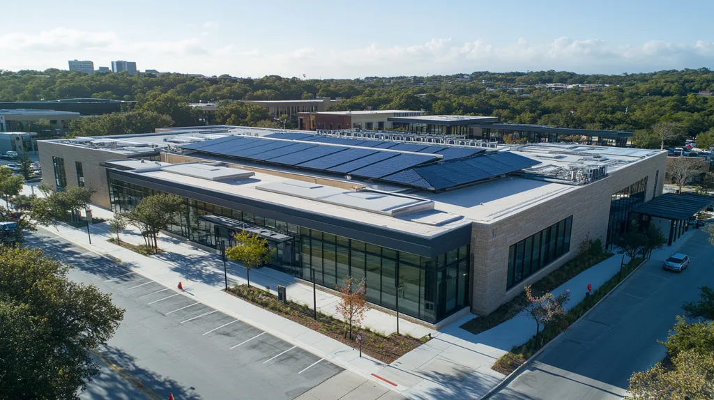A commercial roof on a public library in a location similar to Austin with an urban context aesthetic (AI image)
