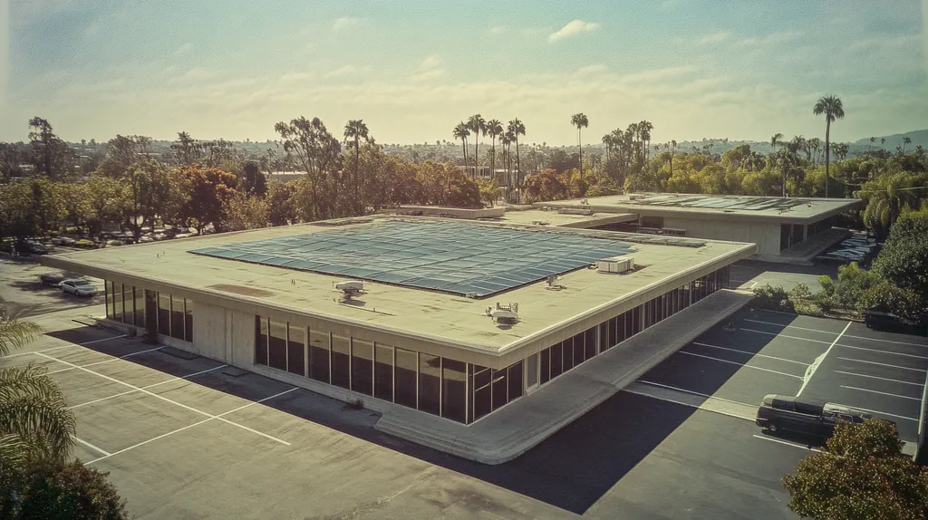 A commercial roof on a public library in a location similar to Beverly Hills with a Polaroid aesthetic (AI image)