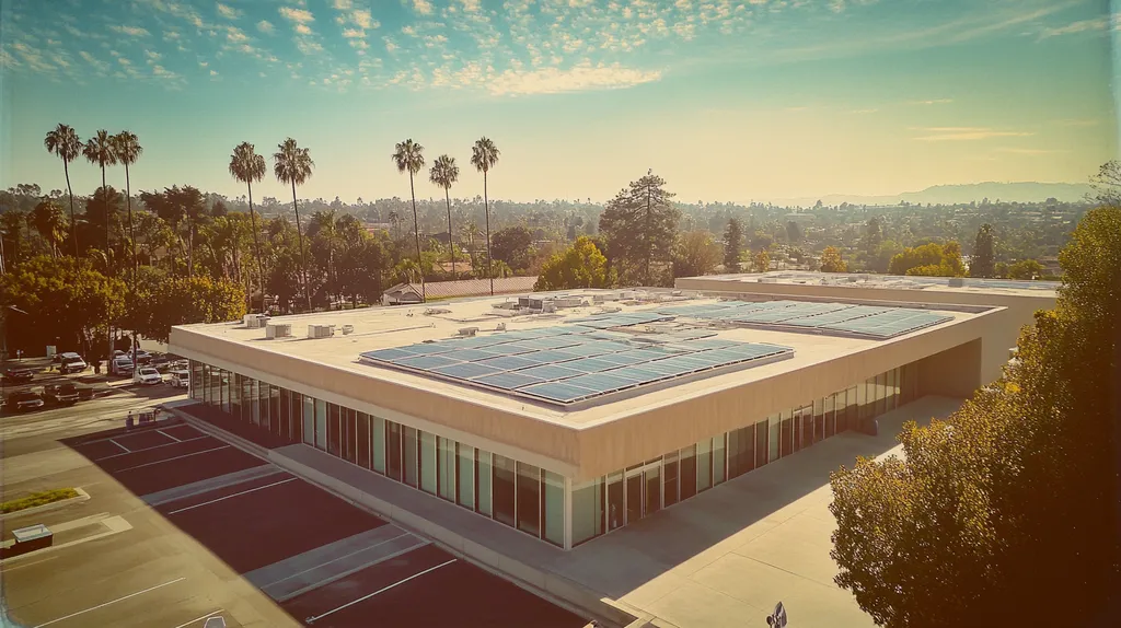 A commercial roof on a public library in a location similar to Beverly Hills with a Polaroid aesthetic (AI image)