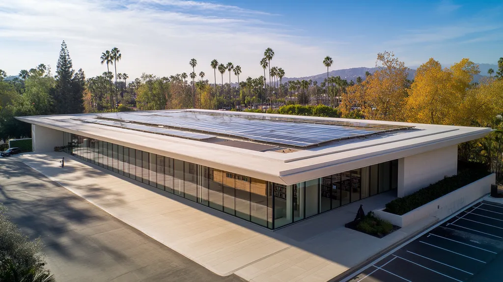 A commercial roof on a public library in a location similar to Beverly Hills with an architectural photography aesthetic (AI image)