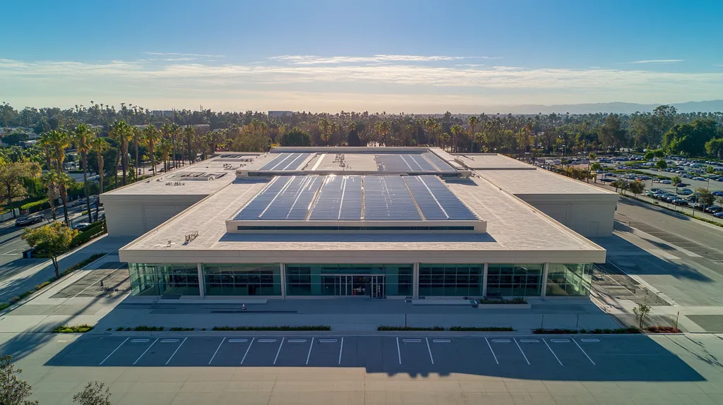 A commercial roof on a public library in a location similar to Beverly Hills with an architectural photography aesthetic (AI image)