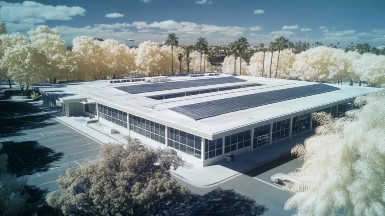 A commercial roof on a public library in a location similar to Beverly Hills with an infrared photography aesthetic (AI image)