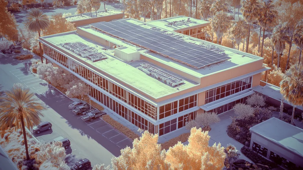A commercial roof on a public library in a location similar to Beverly Hills with an infrared photography aesthetic (AI image)