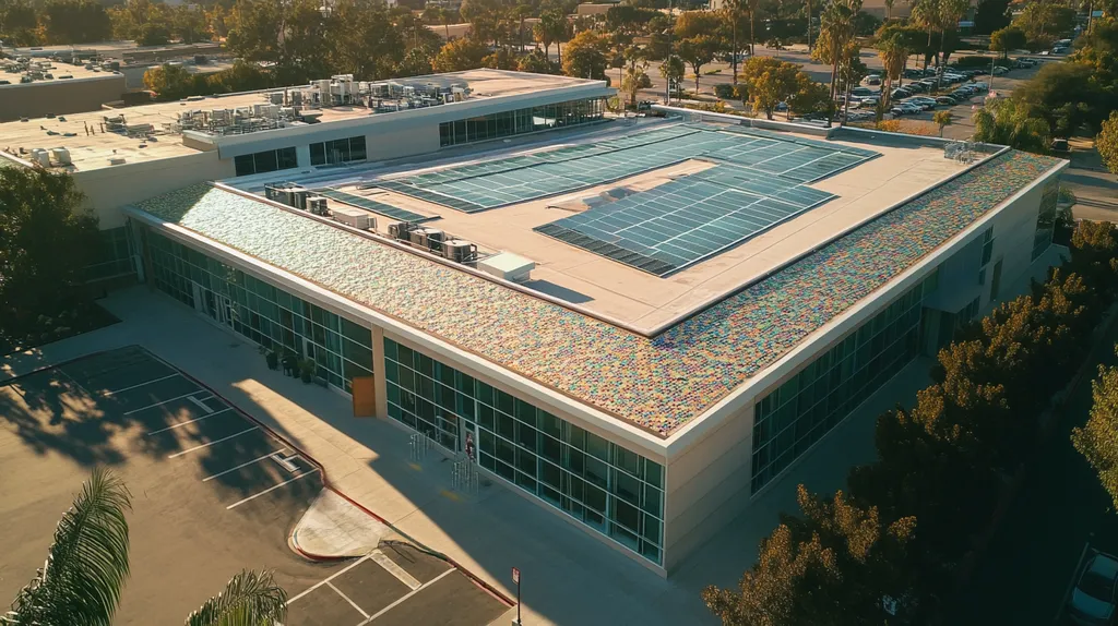 A commercial roof on a public library in a location similar to Beverly Hills with a mosaic tile art aesthetic (AI image)
