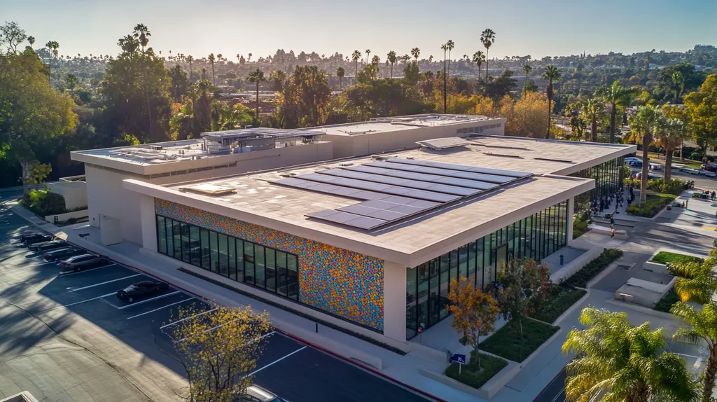A commercial roof on a public library in a location similar to Beverly Hills with a mosaic tile art aesthetic (AI image)