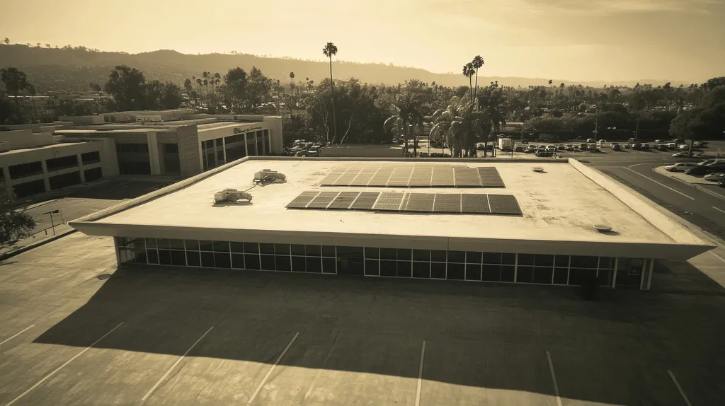 A commercial roof on a public library in a location similar to Beverly Hills with a tintype aesthetic (AI image)