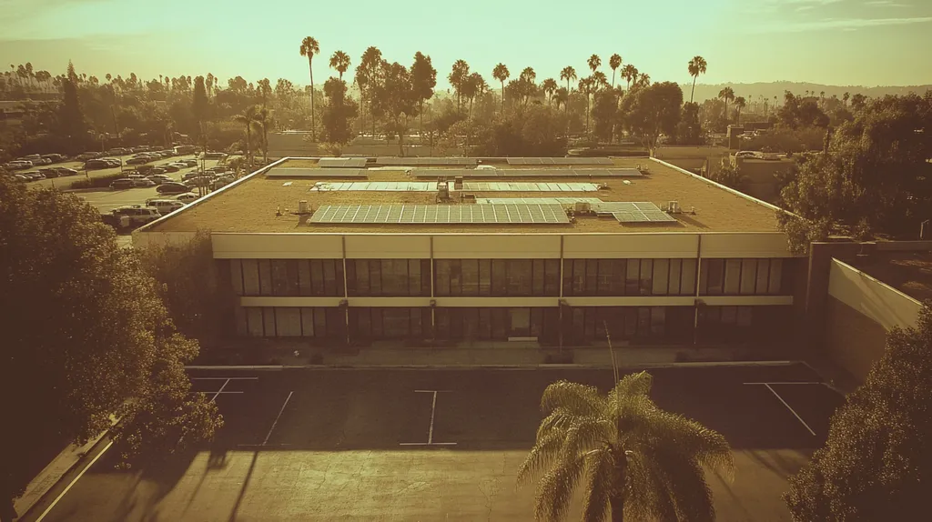 A commercial roof on a public library in a location similar to Beverly Hills with a tintype aesthetic (AI image)