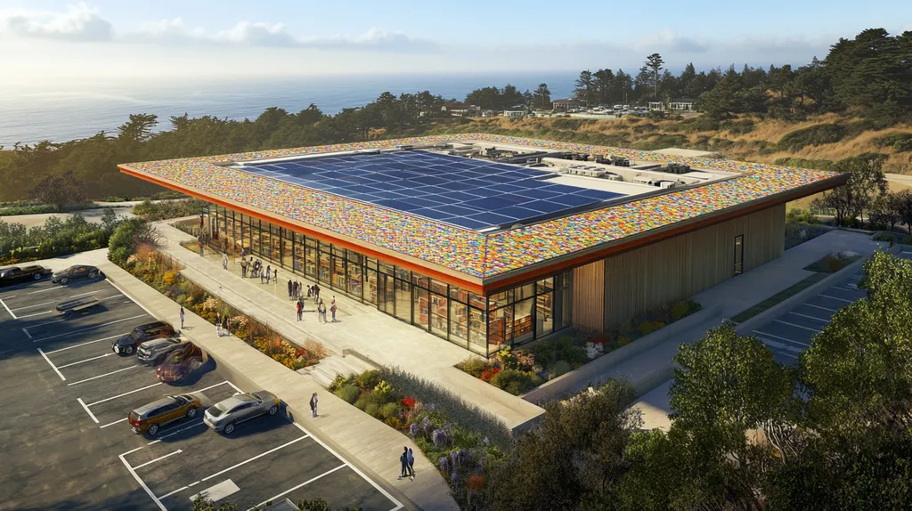 A commercial roof on a public library in a location similar to Big Sur with a mosaic tile art aesthetic (AI image)