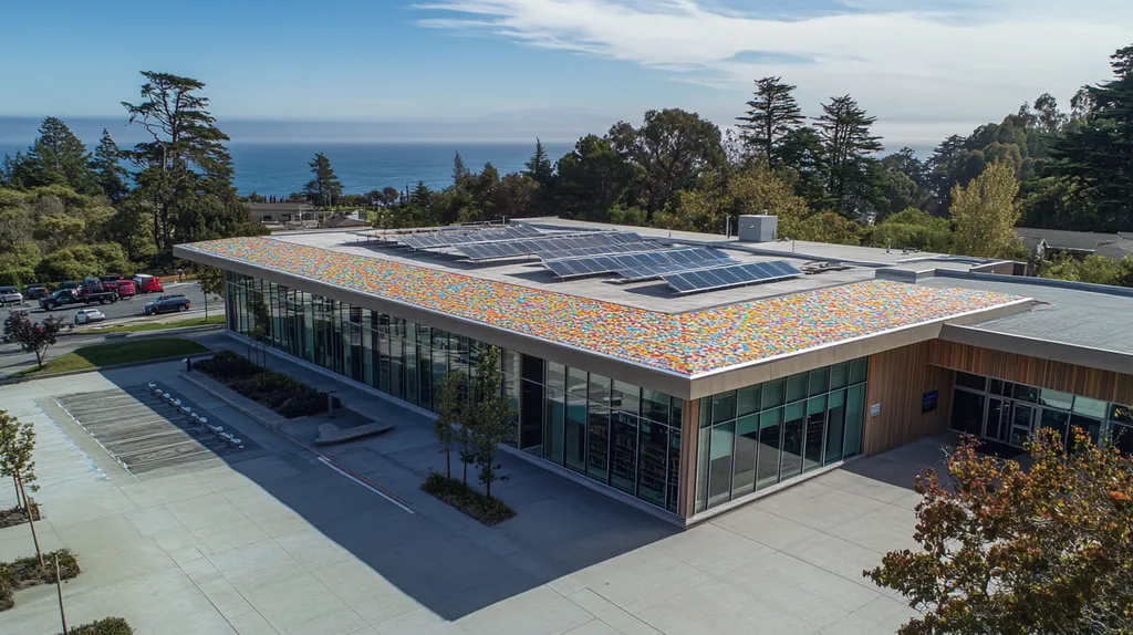 A commercial roof on a public library in a location similar to Big Sur with a mosaic tile art aesthetic (AI image)