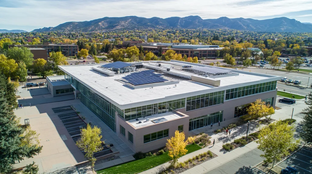 A commercial roof on a public library in a location similar to Boulder with a color highlight aesthetic (AI image)