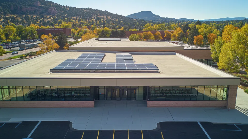A commercial roof on a public library in a location similar to Boulder with a comic book style aesthetic (AI image)