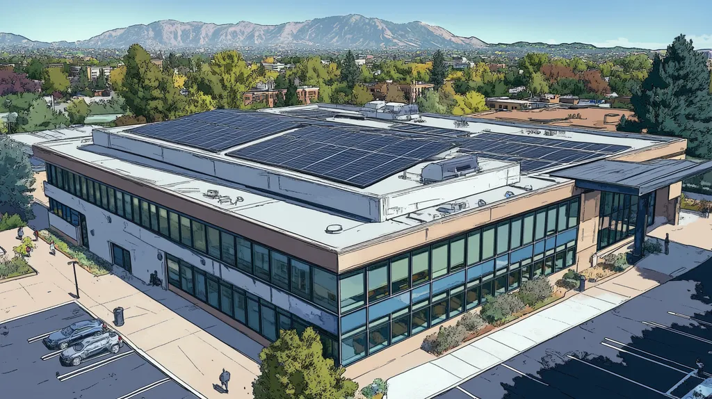 A commercial roof on a public library in a location similar to Boulder with a comic book style aesthetic (AI image)
