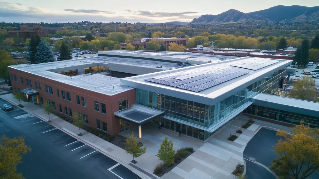 A commercial roof on a public library in a location similar to Boulder with a rainy day aesthetic (AI image)