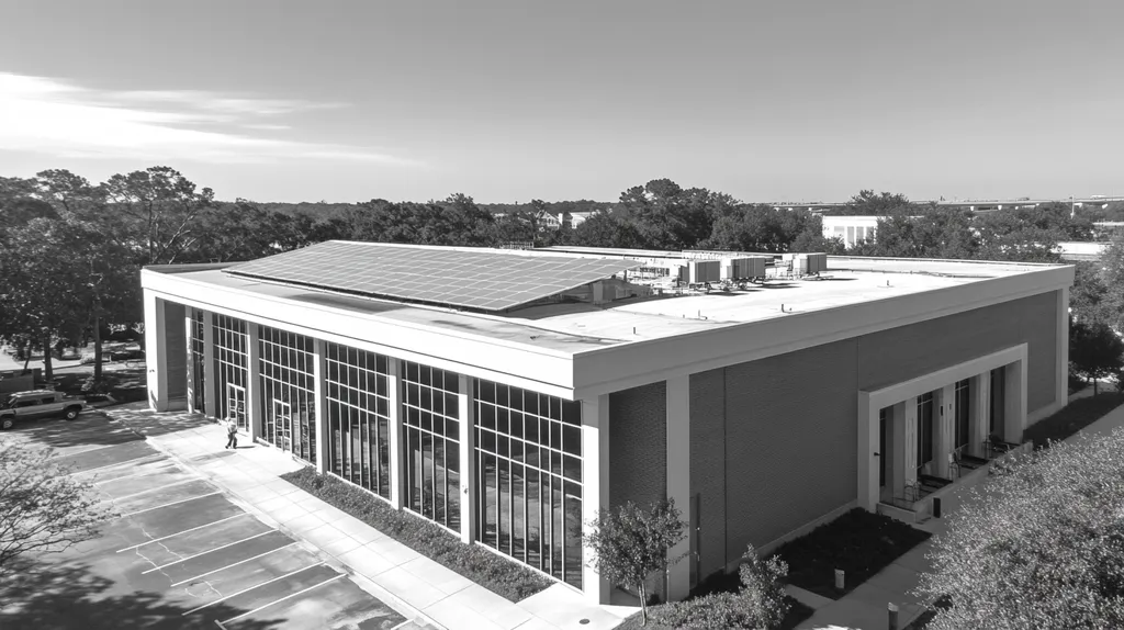 A commercial roof on a public library in a location similar to Charleston with a black and white photography aesthetic (AI image)