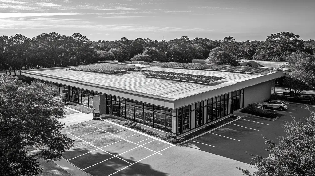 A commercial roof on a public library in a location similar to Charleston with a black and white photography aesthetic (AI image)