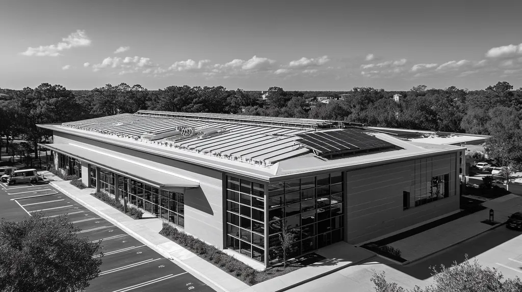 A commercial roof on a public library in a location similar to Charleston with a black and white photography aesthetic (AI image)