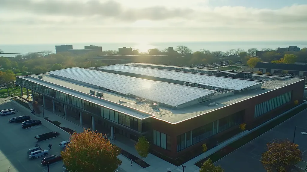 A commercial roof on a public library in a location similar to Chicago with a light beams aesthetic (AI image)