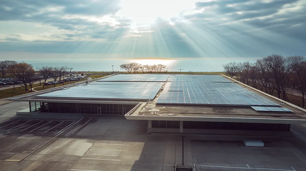 A commercial roof on a public library in a location similar to Chicago with a light beams aesthetic (AI image)