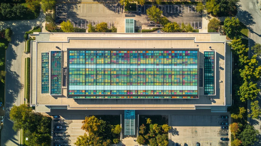 A commercial roof on a public library in a location similar to Dallas with a stained glass style aesthetic (AI image)