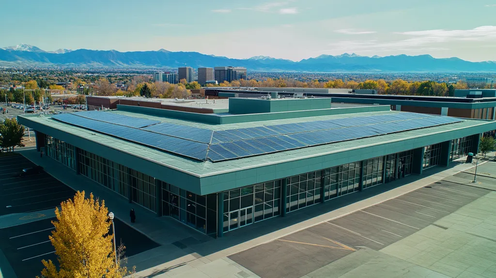 A commercial roof on a public library in a location similar to Denver with a cross-processed look aesthetic (AI image)
