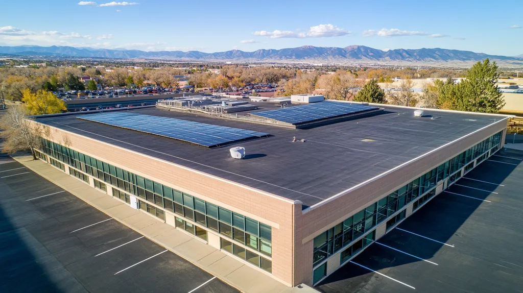 A commercial roof on a public library in a location similar to Denver with a cross-processed look aesthetic (AI image)