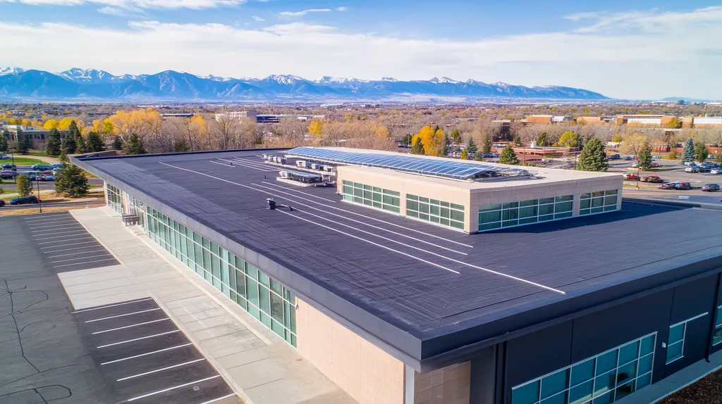 A commercial roof on a public library in a location similar to Denver with a cross-processed look aesthetic (AI image)
