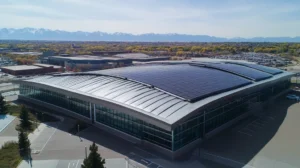 A commercial roof on a public library in a location similar to Denver with a futuristic aesthetic (AI image)