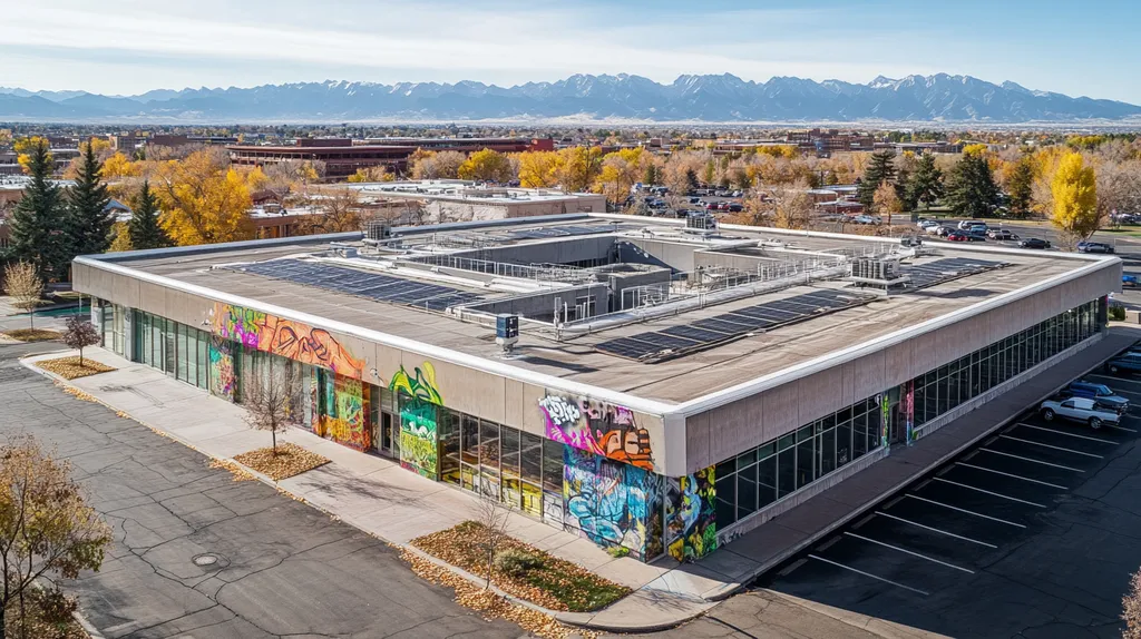 A commercial roof on a public library in a location similar to Denver with a graffiti mural aesthetic (AI image)