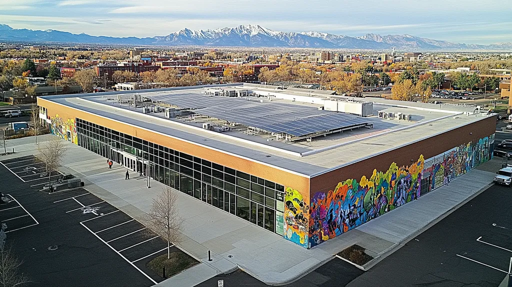 A commercial roof on a public library in a location similar to Denver with a graffiti mural aesthetic (AI image)