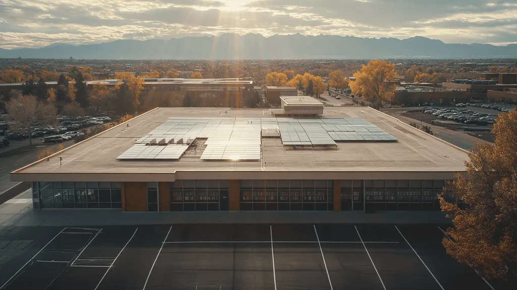 A commercial roof on a public library in a location similar to Denver with a light beams aesthetic (AI image)