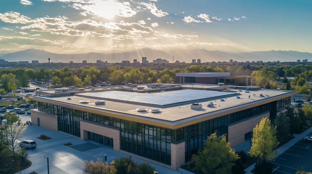 A commercial roof on a public library in a location similar to Denver with a light beams aesthetic (AI image)