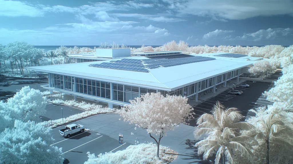 A commercial roof on a public library in a location similar to Honolulu with an infrared photography aesthetic (AI image)