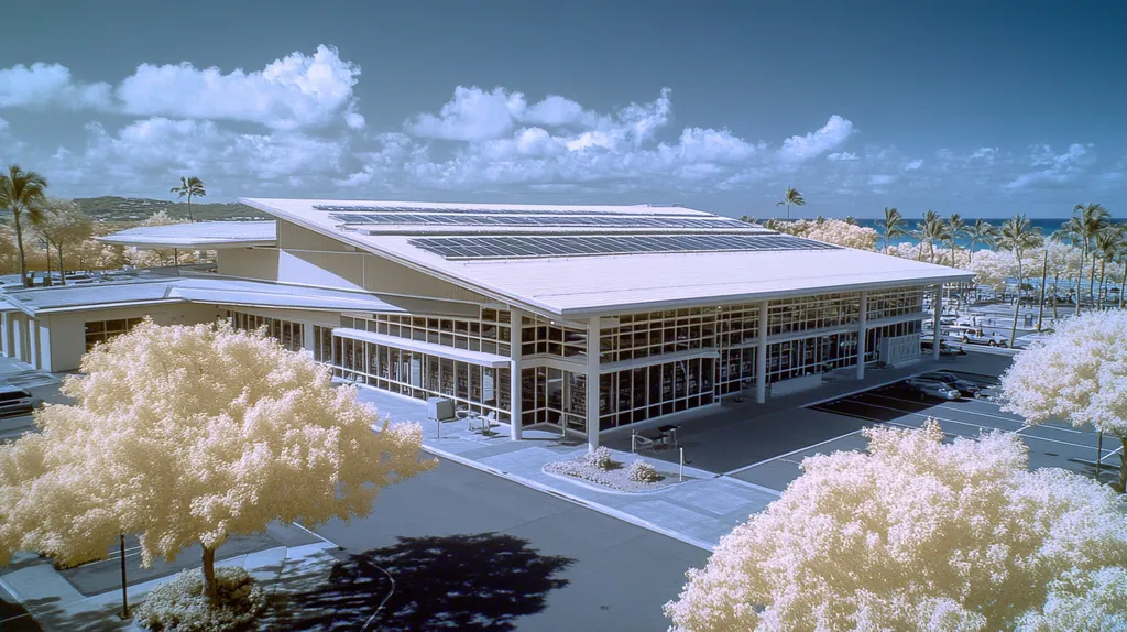 A commercial roof on a public library in a location similar to Honolulu with an infrared photography aesthetic (AI image)