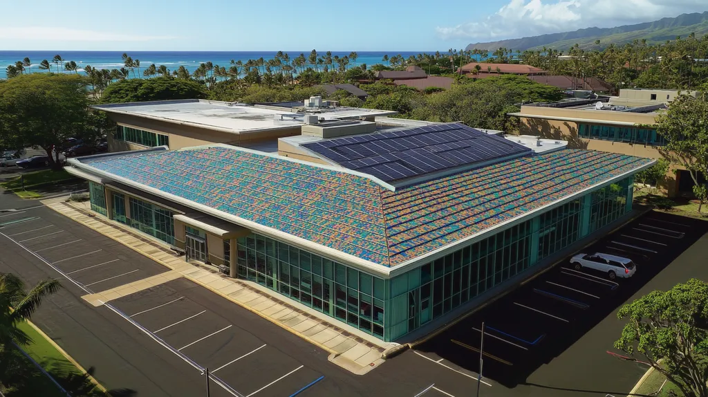 A commercial roof on a public library in a location similar to Honolulu with a mosaic tile art aesthetic (AI image)