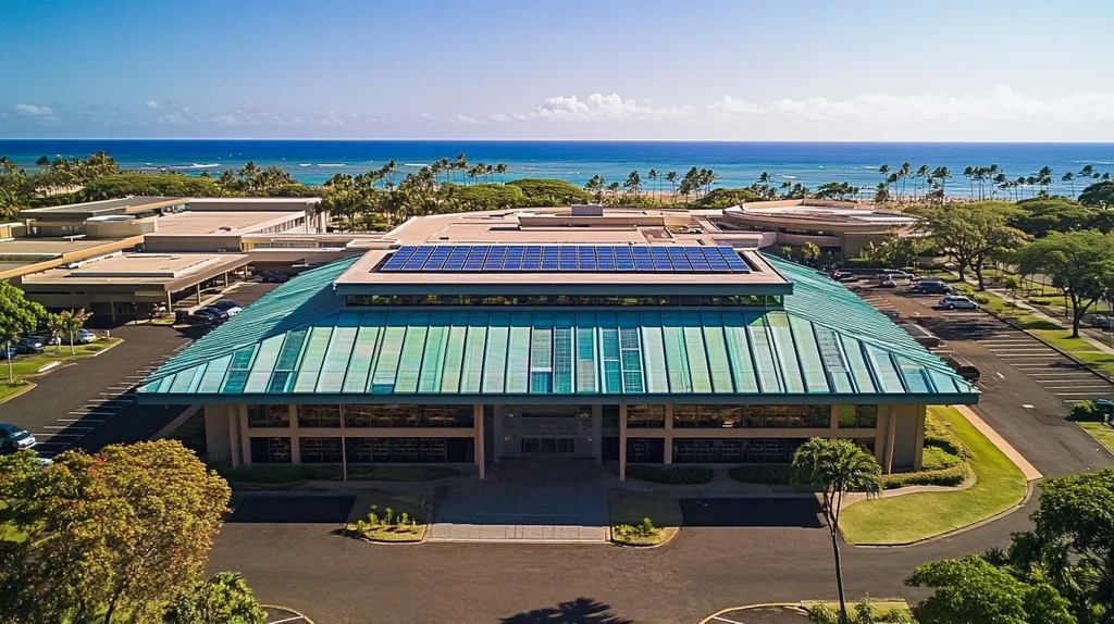 A commercial roof on a public library in a location similar to Honolulu with a stained glass style aesthetic (AI image)