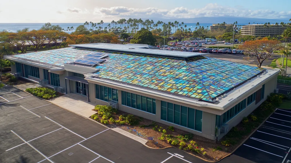A commercial roof on a public library in a location similar to Honolulu with a stained glass aesthetic (AI image)