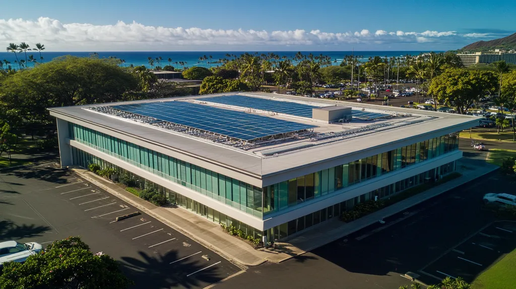 A commercial roof on a public library in a location similar to Honolulu with a stained glass style aesthetic (AI image)