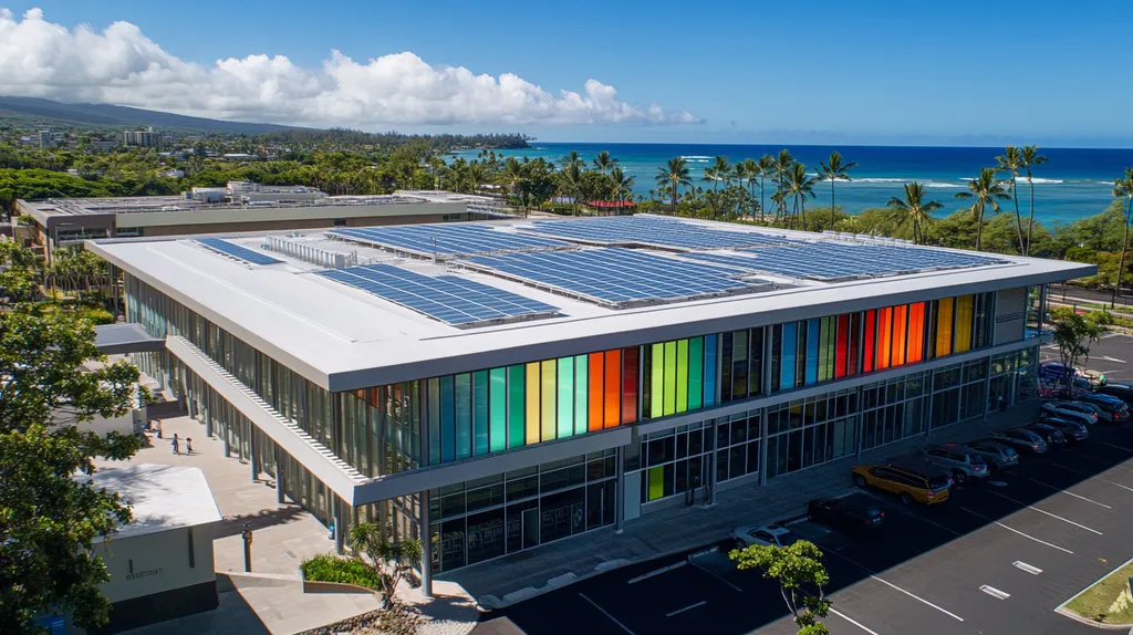 A commercial roof on a public library in a location similar to Honolulu with a stained glass style aesthetic (AI image)