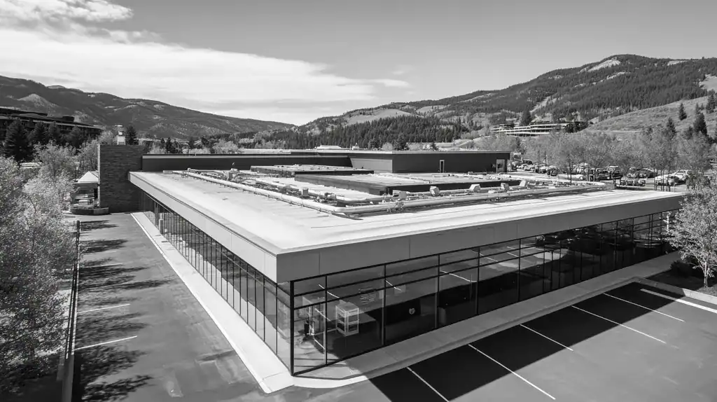 A commercial roof on a laboratory in a location similar to Aspen with a black and white photography aesthetic (AI image)