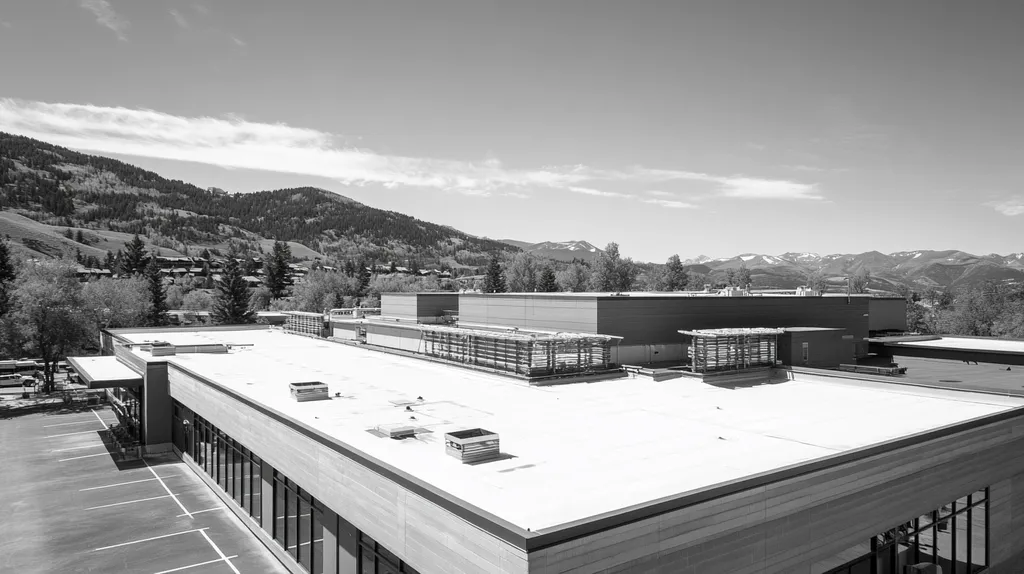 A commercial roof on a laboratory in a location similar to Aspen with a black and white photography aesthetic (AI image)